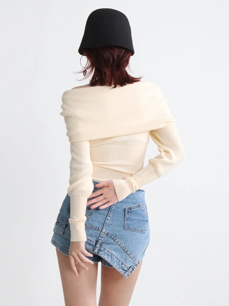 Knitting Pullover Sweaters For Women Slash Neck Long Sleeve Patchwork Pullover Solid Sweatewr Female Fashion Autumn