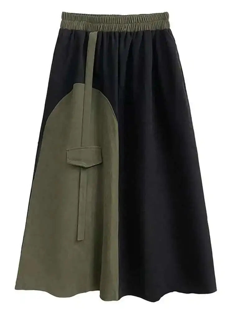 High Elastic Waist Color-block Asymmetric Green A-line Half-body Skirt Women Fashion Tide New Spring Autumn 2025 1DH3872