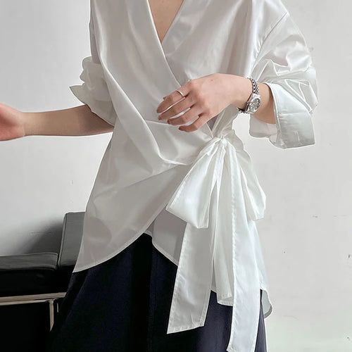 Load image into Gallery viewer, Women Black Bandage Elegant Irregular Big Size Blouse New V-neck Long Sleeve Shirt Fashion Tide Spring Autumn 2025 1DJ0509
