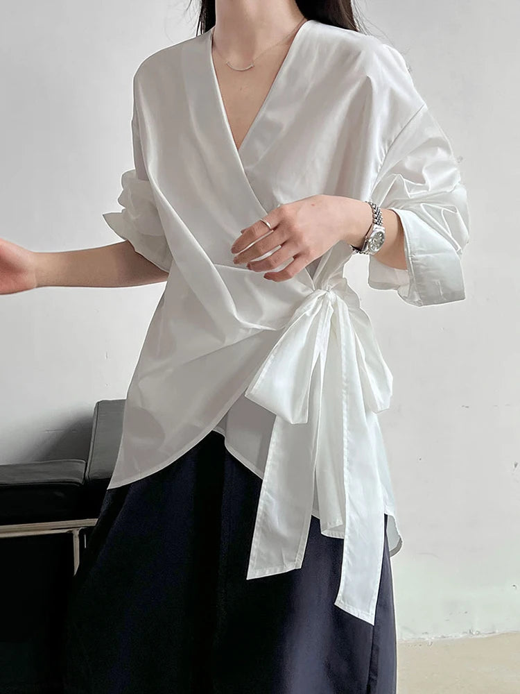 Women Black Bandage Elegant Irregular Big Size Blouse New V-neck Long Sleeve Shirt Fashion Tide Spring Autumn 2025 1DJ0509