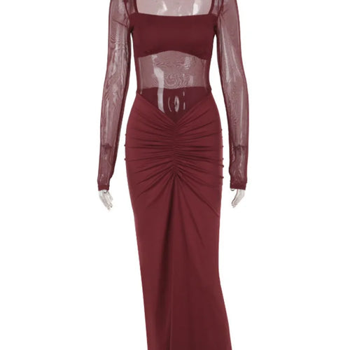 Load image into Gallery viewer, See Through Mesh Sexy Maxi Dress For Women Fashion Square Collar Long Sleeve Ruched Bodycon Club Party Long Dress
