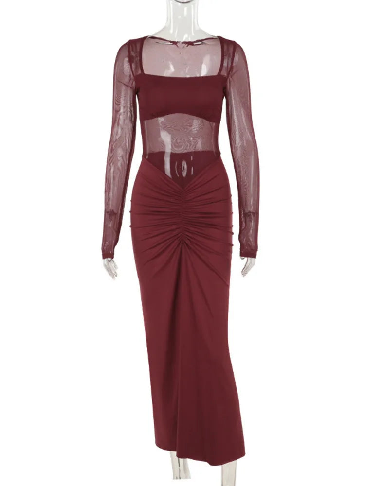 See Through Mesh Sexy Maxi Dress For Women Fashion Square Collar Long Sleeve Ruched Bodycon Club Party Long Dress