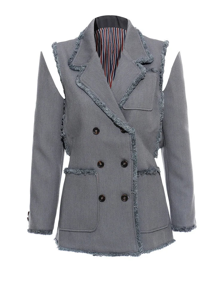 Women Two Ways Wear Tassels Striped Blazer New Lapel Long Sleeve Loose Fit Jacket Fashion Tide Spring Autumn 2025  JX643