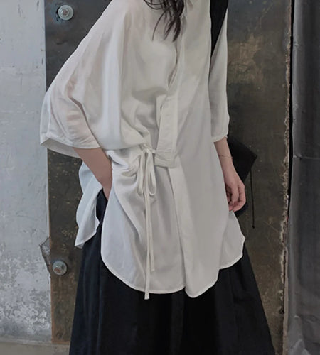 Women White Bandage Big Size Elegant Blouse New Lapel Three-quarter Sleeve Shirt Fashion Tide Spring Autumn 2025 1DJ1666