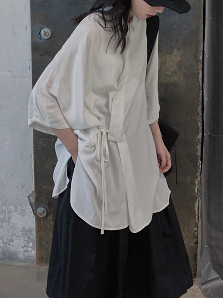 Women White Bandage Big Size Elegant Blouse New Lapel Three-quarter Sleeve Shirt Fashion Tide Spring Autumn 2025 1DJ1666