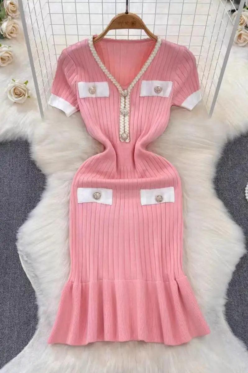 Summer Korean Patchwork V-neck Slim Ruffled Edge Pleated Short Sleeve Midi Dress Women Retro Holiday Wrap Hip Knitted Dress Chic