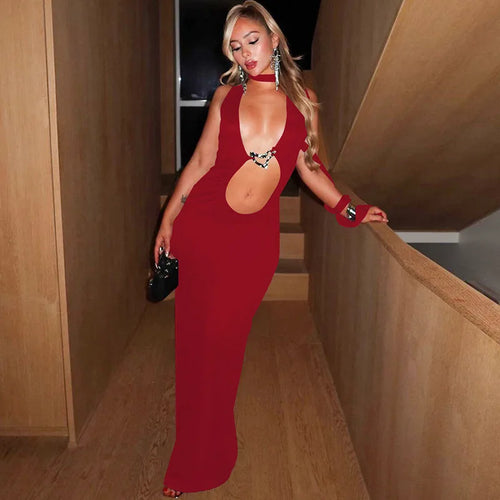 Load image into Gallery viewer, Hollow Out Halter Sexy Maxi Dress Women Summer New Metal Decoration Sleeveless Slim High Waist Long Dress Elegant
