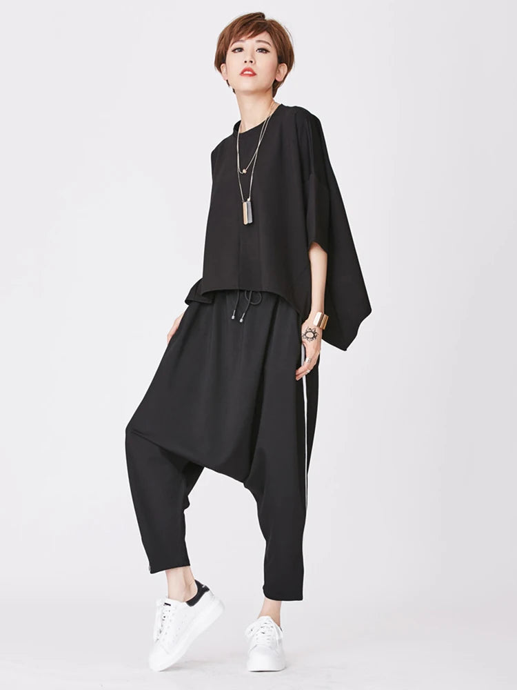 Women Black Back Zipper Irregular Big Size T-shirt New Round Neck Half Sleeve Fashion Tide Spring Summer 2025 1DJ1876