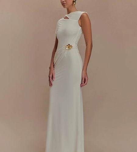 Hollow Out Gold Clasp Sexy Maxi Dress For Women Gown Solid Sleeveless Backless Ruched Bodycon Club Long Dress Elegant