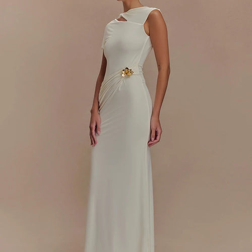 Load image into Gallery viewer, Hollow Out Gold Clasp Sexy Maxi Dress For Women Gown Solid Sleeveless Backless Ruched Bodycon Club Long Dress Elegant
