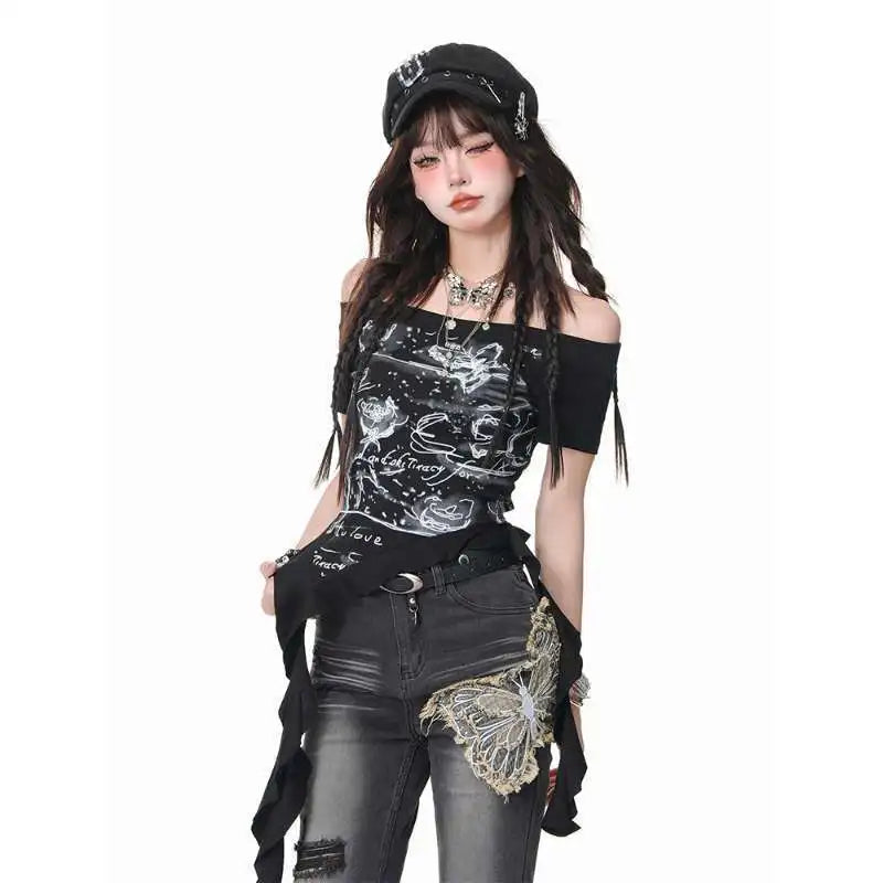 Crop Tshirts Women Clothing Fashion Summer Tees Tunic Korean Camisetas Short Sleeve Slash Neck Irregular Print T Shirts Y2k Tops