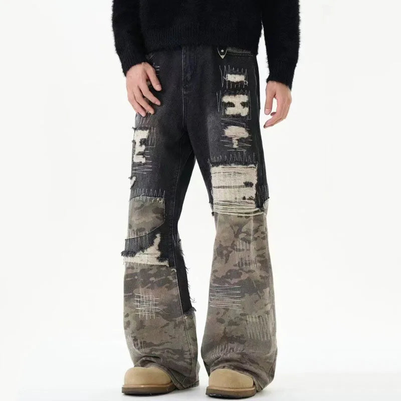 Patchwork Streetwear Men's Denim Pants Niche Design Camouflage Worn-out Straight Wide Leg Male Jeans Autumn Tide 9C8818