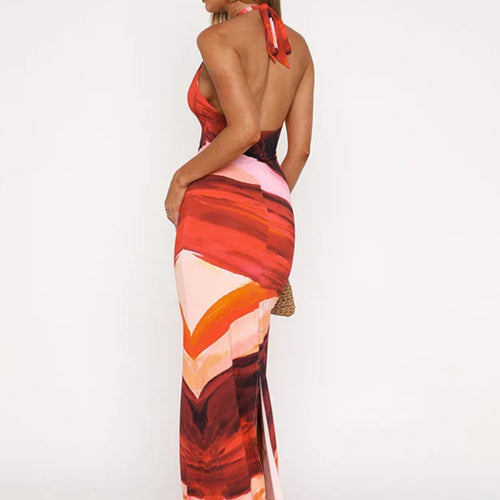 Load image into Gallery viewer, Halter Deep V Neck Print Sexy Maxi Dress For Women Fashion Lace-up Sleeveless Backless Bodycon Printed Long Dress
