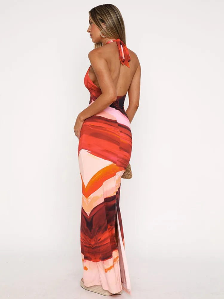 Halter Deep V Neck Print Sexy Maxi Dress For Women Fashion Lace-up Sleeveless Backless Bodycon Printed Long Dress