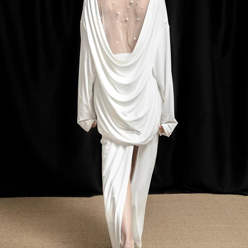 Load image into Gallery viewer, Solid Spliced Lace Loose T Shirts For Women Irregular Long Sleeve Minimalsit T Shirt Female Fashion Style Clothes
