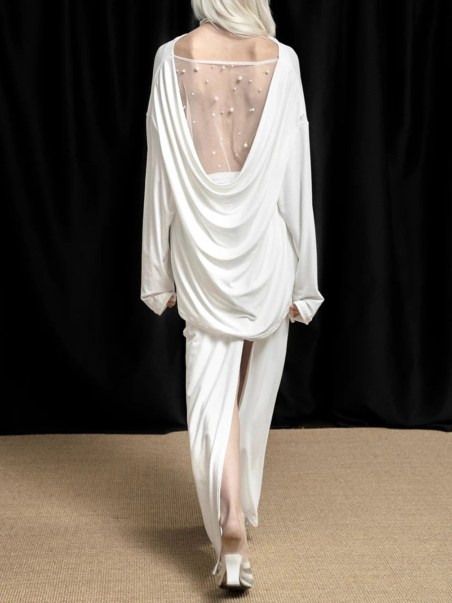 Solid Spliced Lace Loose T Shirts For Women Irregular Long Sleeve Minimalsit T Shirt Female Fashion Style Clothes