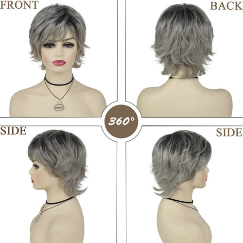 Load image into Gallery viewer, Synthetc Wigs for White Women Ombre Gray Short Hair Curly Wig with Bangs Layered Haircut Mommy Hairstyle Old Lady Wig
