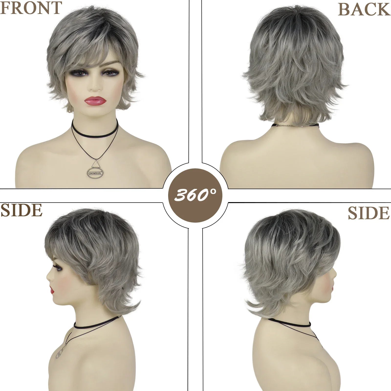 Synthetc Wigs for White Women Ombre Gray Short Hair Curly Wig with Bangs Layered Haircut Mommy Hairstyle Old Lady Wig