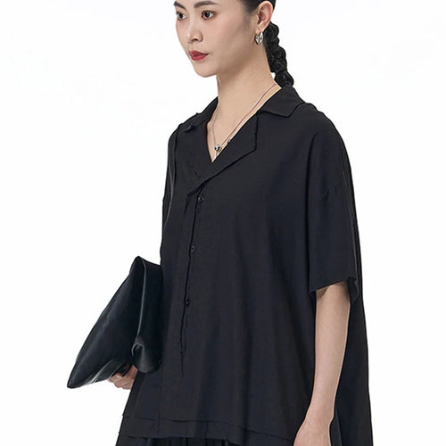 Load image into Gallery viewer, Women Black Color-block Burr Big Size Blouse New V-neck Short Sleeve Shirt Fashion Tide Spring Summer 2025 1DJ1493
