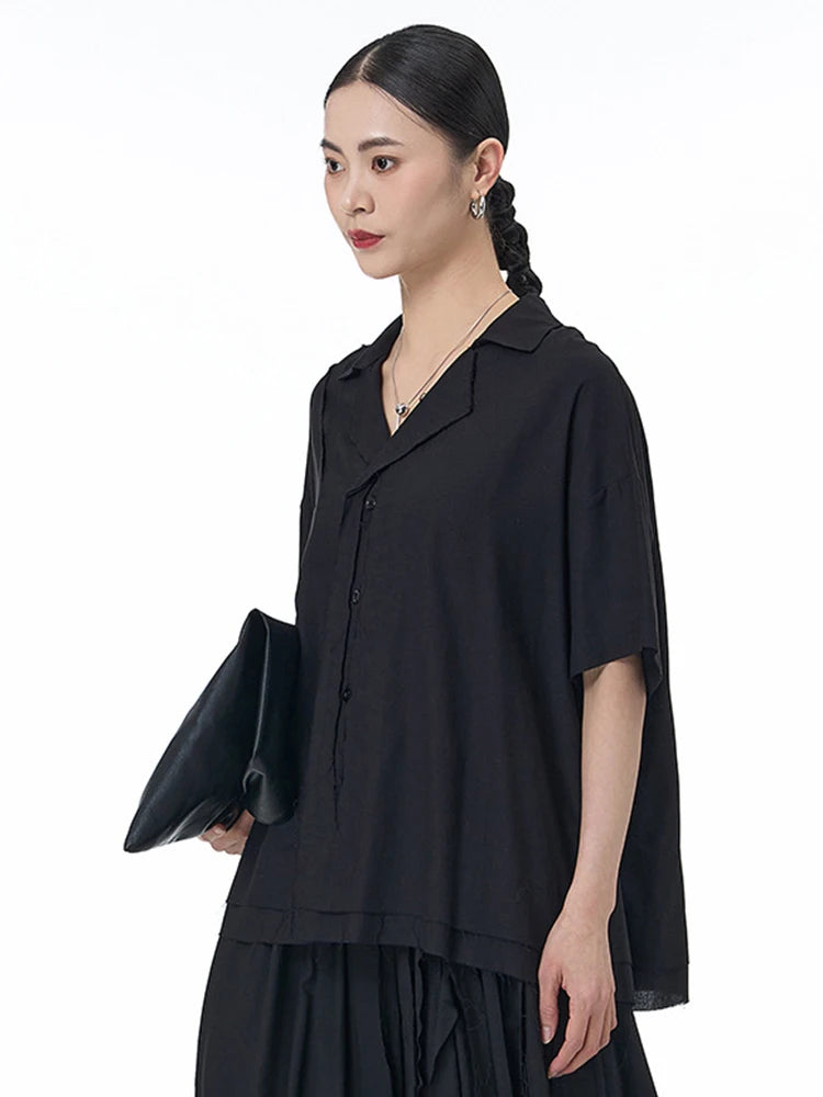 Women Black Color-block Burr Big Size Blouse New V-neck Short Sleeve Shirt Fashion Tide Spring Summer 2025 1DJ1493