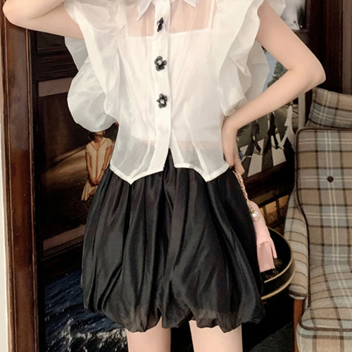 Load image into Gallery viewer, White Korean Shirt For Women Lapel Puff Sleeve Solid Minimalist Ruched Blouses Female Summer Fashion Clothing
