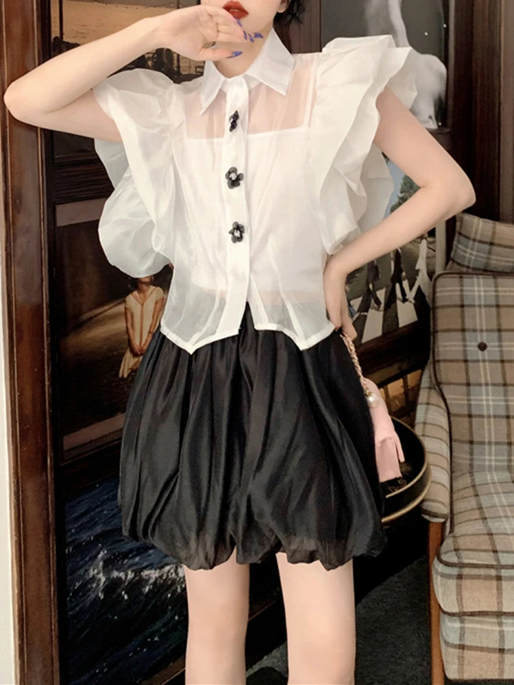 White Korean Shirt For Women Lapel Puff Sleeve Solid Minimalist Ruched Blouses Female Summer Fashion Clothing