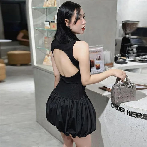 Load image into Gallery viewer, Hollow Out Backless Sleeveless Mini Dress For Women Summer New Fashion Solid O Neck Slim Pleated Dress Elegant 2024
