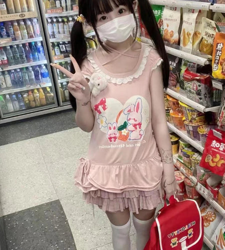 2024 Ropa Mujer Sweet T Shirts for Women Print Short Sleeve Summer Tees Crop Tops Fashion Japanese Bandage Ruffles Y2k Tshirt