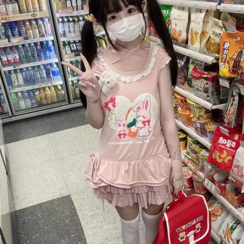 Load image into Gallery viewer, 2024 Ropa Mujer Sweet T Shirts for Women Print Short Sleeve Summer Tees Crop Tops Fashion Japanese Bandage Ruffles Y2k Tshirt
