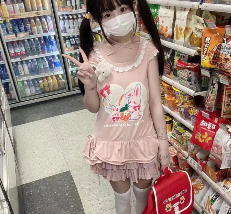 2024 Ropa Mujer Sweet T Shirts for Women Print Short Sleeve Summer Tees Crop Tops Fashion Japanese Bandage Ruffles Y2k Tshirt