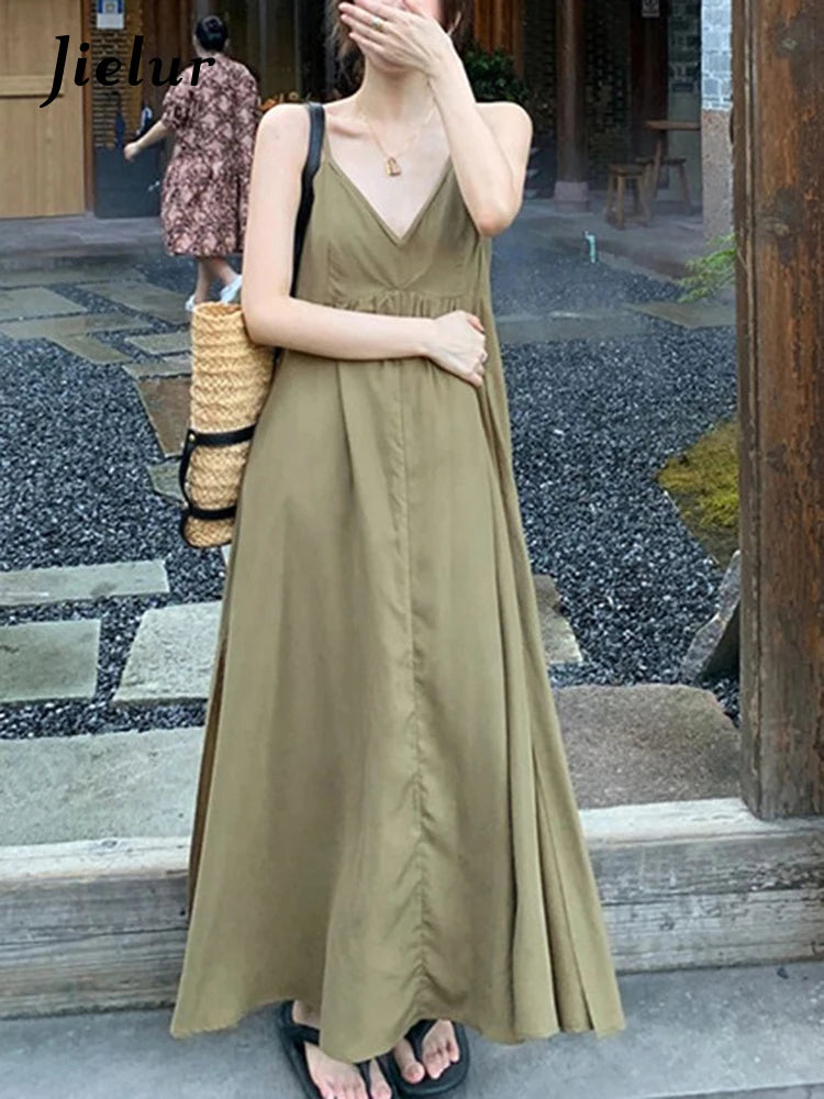 French Style Green Spaghetti Strap Women's Dresses Summer Solid Color V-neck Backless Chic Female Maxi Dress Casual Dress