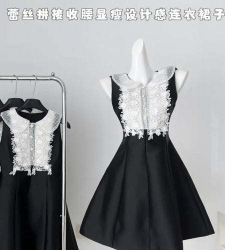 French 2025 Women Black Patchwork Lace Elegant Sleeveless Button High Waist Short Vest Dress Summer Birthday Party Mini Dresses