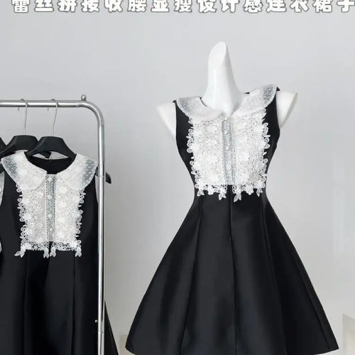 Load image into Gallery viewer, French 2025 Women Black Patchwork Lace Elegant Sleeveless Button High Waist Short Vest Dress Summer Birthday Party Mini Dresses
