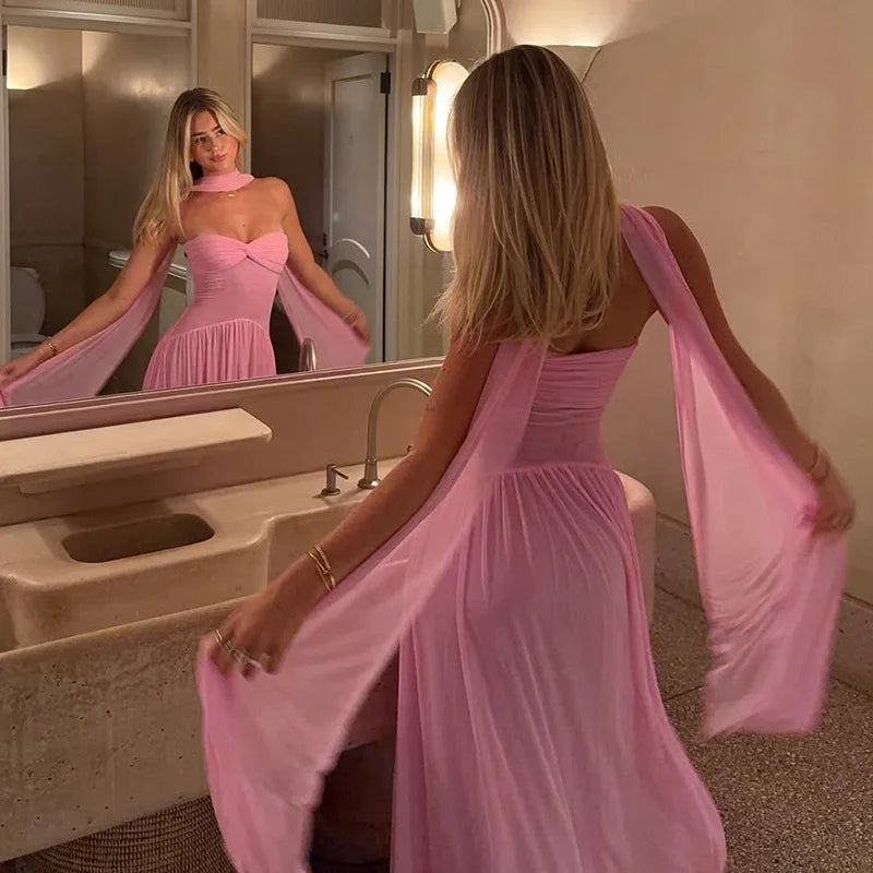 Scarf Collar Backless Sexy Maxi Dress For Women Gown Pink Strapless Off-shoulder Backless Mesh Long Dress Vestido