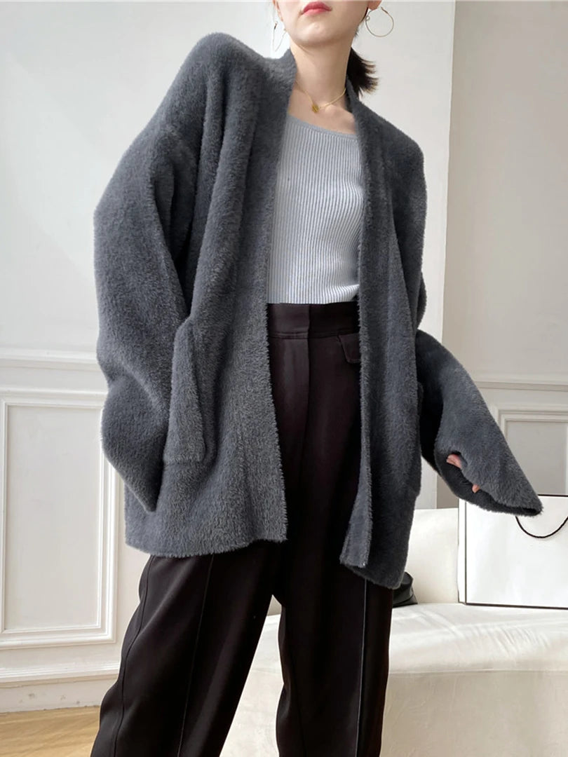 Big Size Camel Cashmere Knitting Cardigan Sweater Loose Fit V-Neck Long Sleeve Women New Fashion Autumn Winter 2025 1DD252