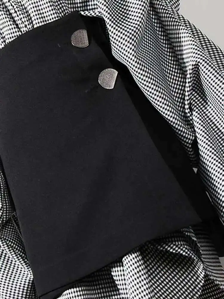 Women Black Plaid Irregular Stitch Big Size Dress New V-Neck Long Sleeve Loose Fit Fashion Tide Spring Autumn 2025 JG892