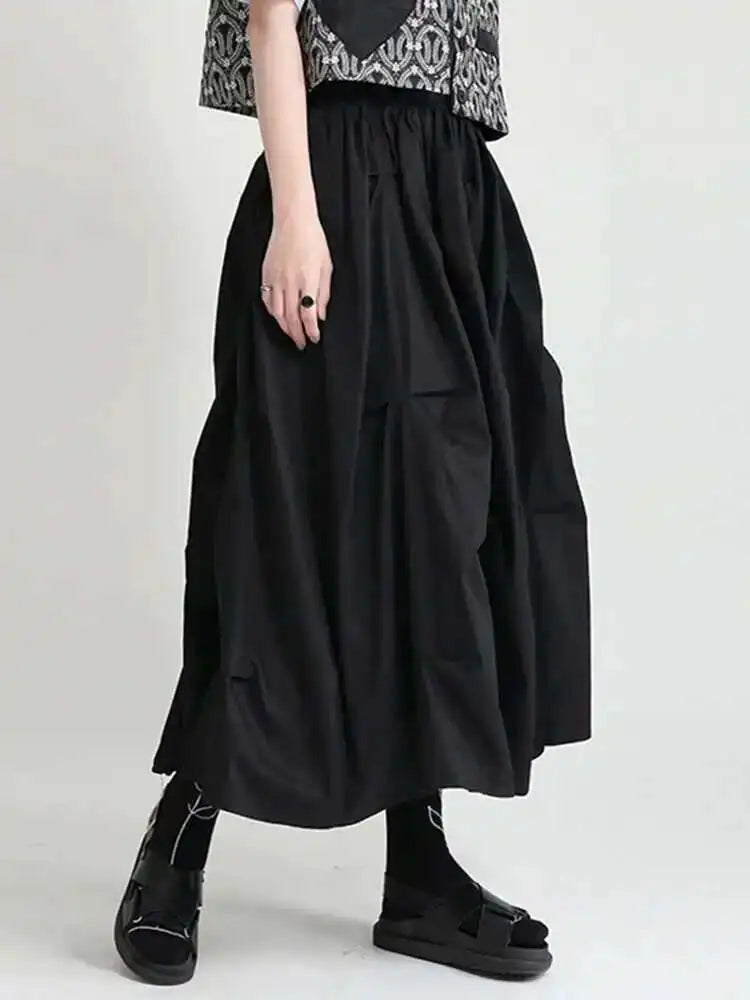 Black Casual Irregular Ruched High Elastic Waist Midi Half-body Skirt Women Fashion Tide New Spring Summer 2025 1DD8525