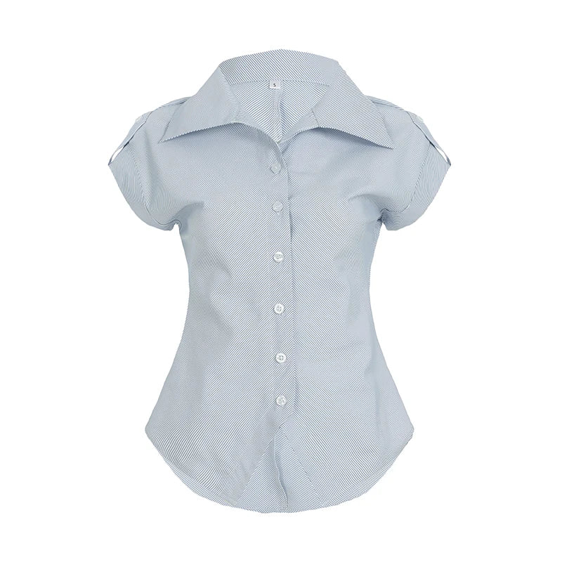 Casual Blue Striped Skinny Summer Shirts Women Chic Curved hem With Breasted Buttons Blouse Lady Short Sleeve Top New