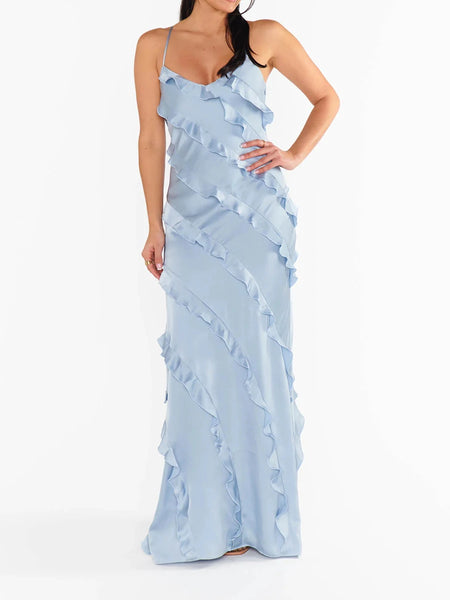 Hit Color Spliced Ruffles Slimming Dresses For Women V Neck Sleeveless High Waist Temperament Dress Female Fashion
