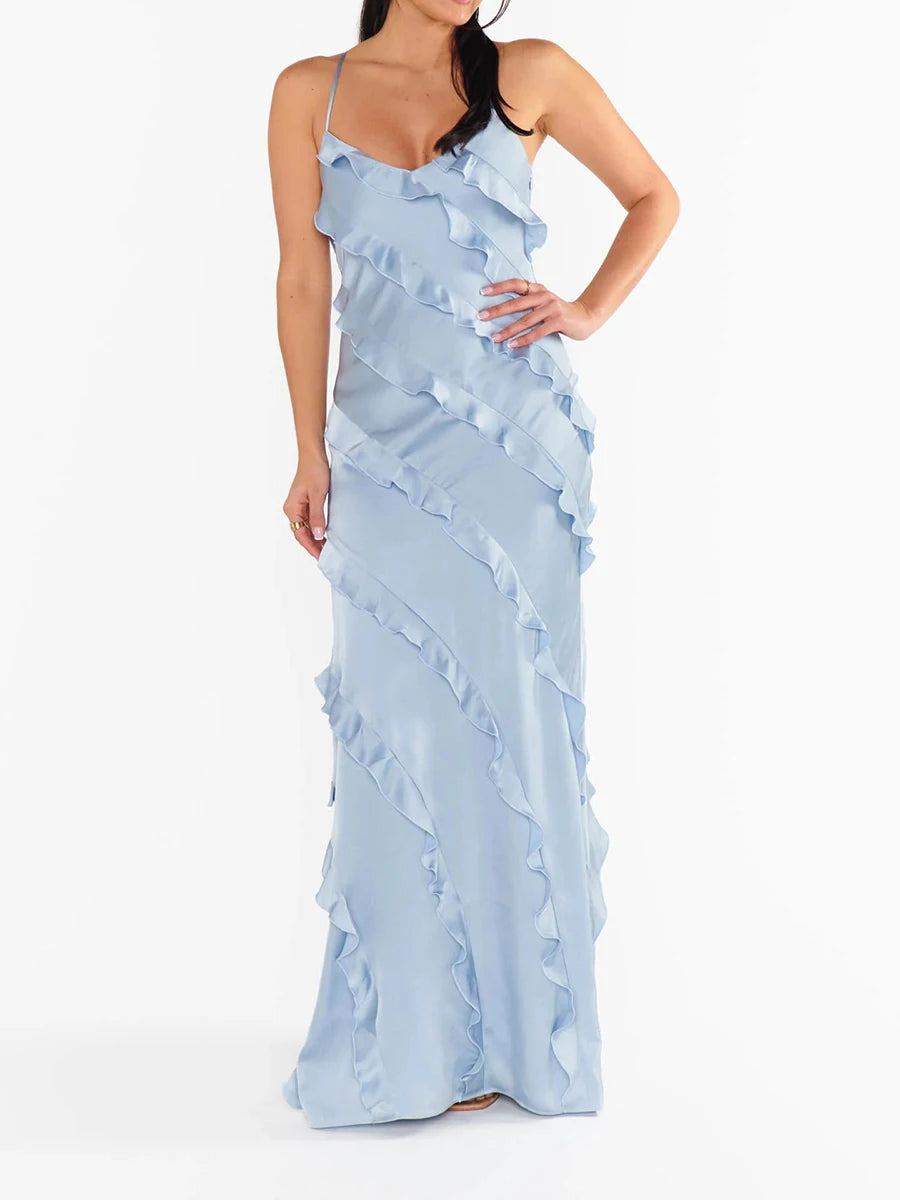 Hit Color Spliced Ruffles Slimming Dresses For Women V Neck Sleeveless High Waist Temperament Dress Female Fashion