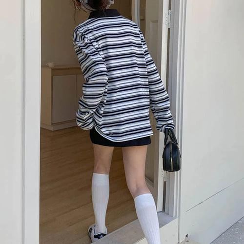 Load image into Gallery viewer, Women Green Striped Color-block Big Size Casual T-shirt New Lapel Long Sleeve Fashion Tide Spring Autumn 2025 1DJ0351
