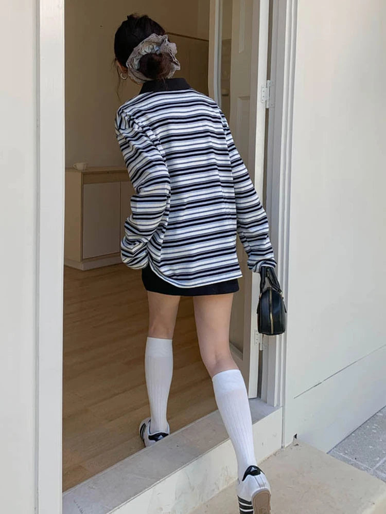 Women Green Striped Color-block Big Size Casual T-shirt New Lapel Long Sleeve Fashion Tide Spring Autumn 2025 1DJ0351