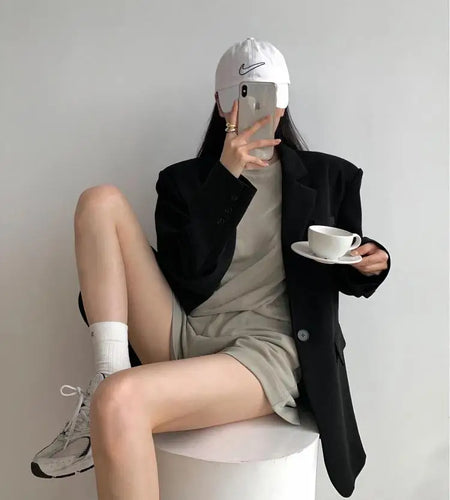 Women Black Long Sleeve Temperament Slim Blazer Coat Fashion 2024 New Autumn Grey Office Ladies Single Button Jacket Streetwear