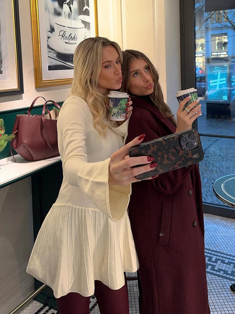 Half High Collar Long Sleeve Knit Mini Dress For Women Autumn Winter New Solid High Waist Pleated Knit Sweater Dress