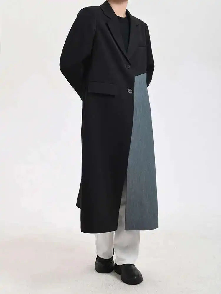 Women Black Denim Color-block Long Big Size Blazer New Lapel Long Sleeve Jacket Fashion Tide Spring Autumn 2025 26D810401