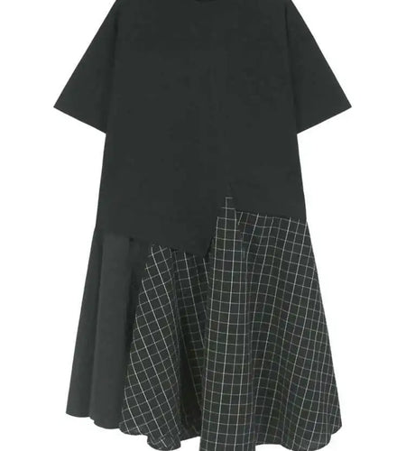 Women Black Plaid Color-block Big Size Midi Dress New Round Neck Short Sleeve Fashion Tide Spring Summer 2025 1DJ0086