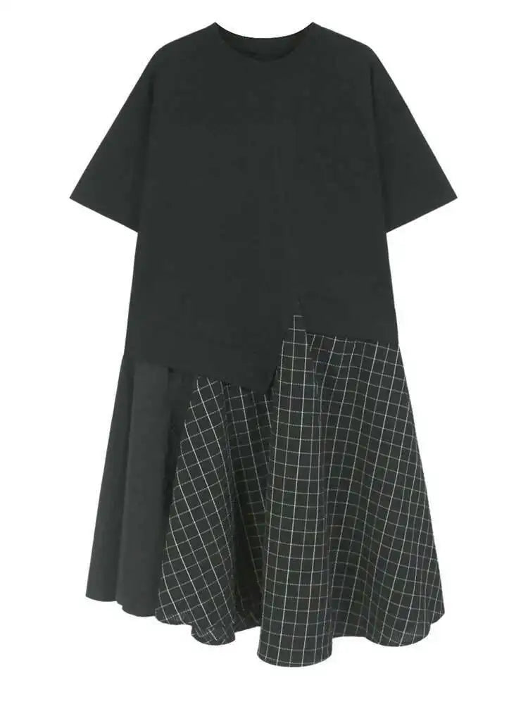Women Black Plaid Color-block Big Size Midi Dress New Round Neck Short Sleeve Fashion Tide Spring Summer 2025 1DJ0086