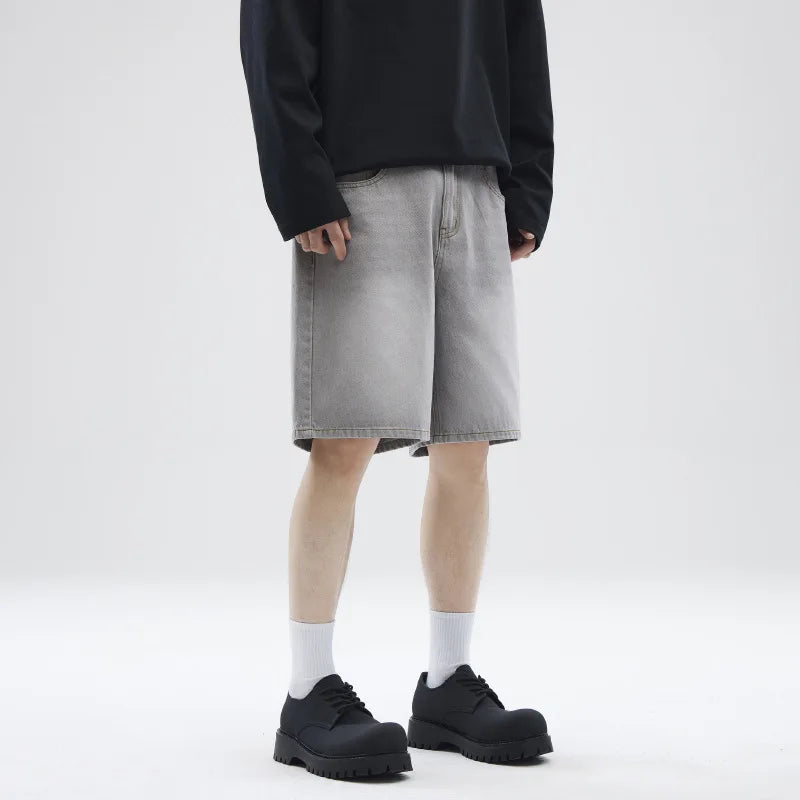 American Fashion Men's Denim Shorts Solid Color New Summer Male Loose Straight Leg Five Quarter Pants Trendy 2025 9W1348