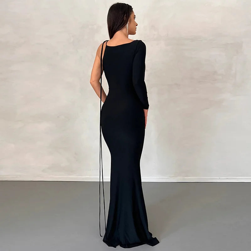 Elegant Backless Sexy Maxi Dress For Women Robe 2023 Spring New V Neck One Sleeve Lace-up Party Long Dress Vestido