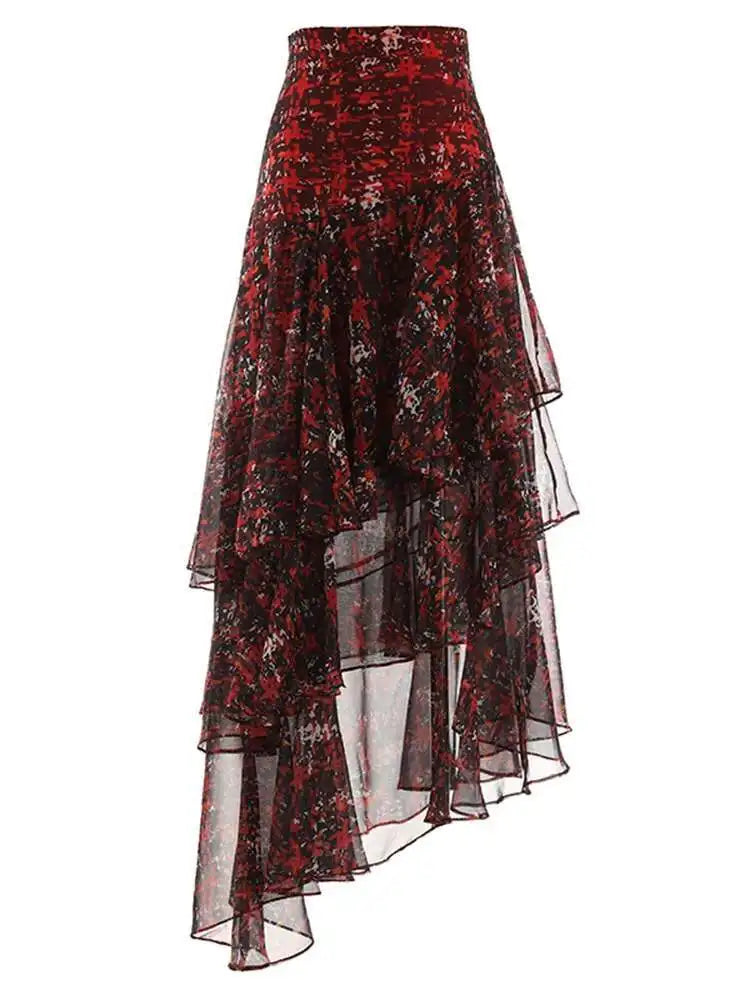 High Waist Green Print Zipper Irregular Mesh Holiday Half-body Skirt Women Fashion Tide New Spring Summer 2025 1DF6554